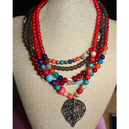 Colored multi-layered leaf pendant necklace