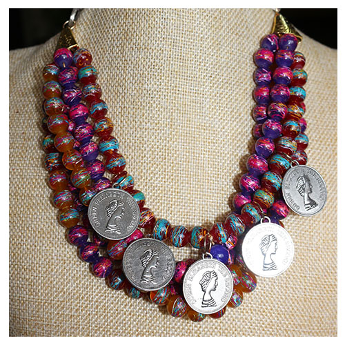Colored brushed beads coin pendant chain